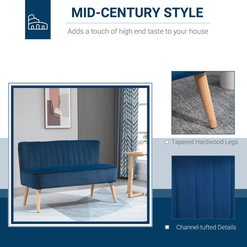 Modern Velvet Double Seat Sofa with Wood Frame Foam Padding - Blue