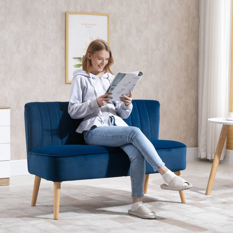 Modern Velvet Double Seat Sofa with Wood Frame Foam Padding - Blue