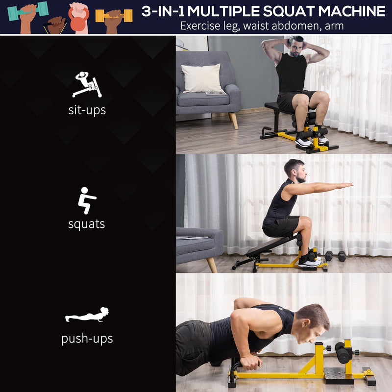 Three-In-One Squat Machine w/ Adjustable Padded Bench, Squats, Push Up, Sit Up for HOME, Office, Gym Fitness Equipment Yellow Bench