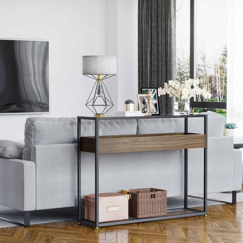 Industrial Style Console Table with Tempered Glass Top and Steel Frame for Living Room Hallway Entrance