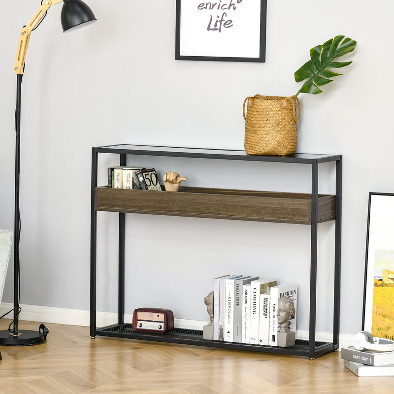Industrial Style Console Table with Tempered Glass Top and Steel Frame for Living Room Hallway Entrance