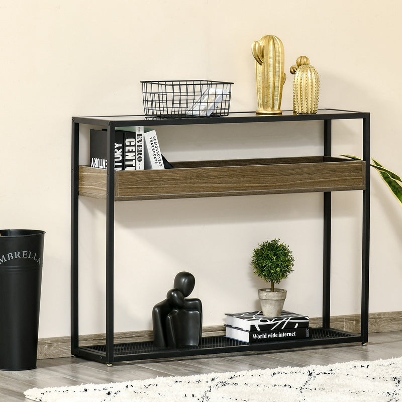 Industrial Style Console Table with Tempered Glass Top and Steel Frame for Living Room Hallway Entrance