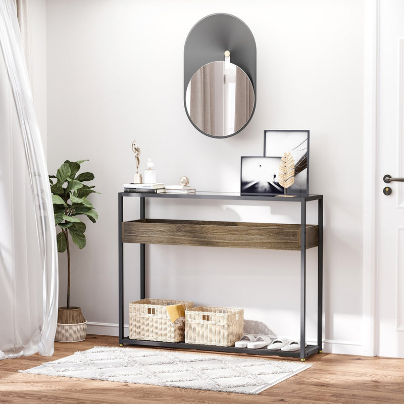 Industrial Style Console Table with Tempered Glass Top and Steel Frame for Living Room Hallway Entrance