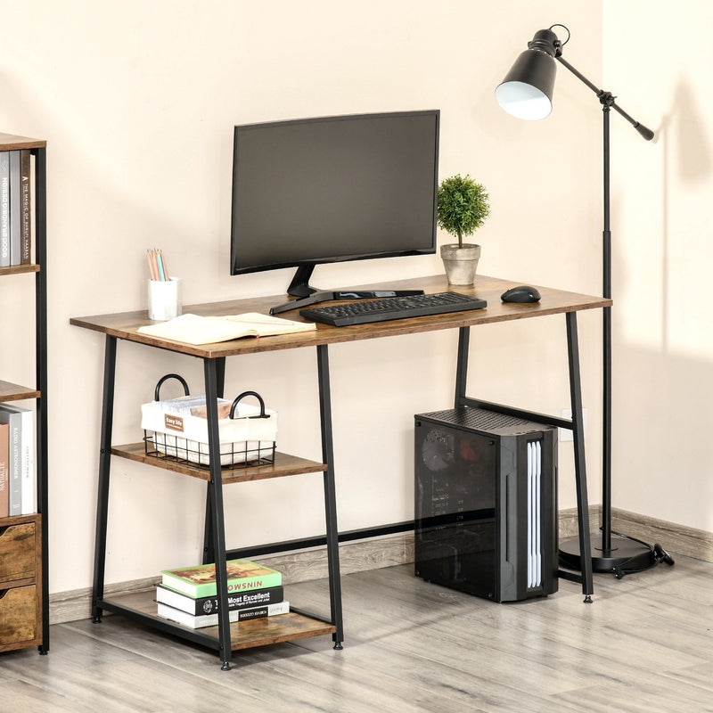 Writing Desk Working Station Home Office Table with 2 Shelves  Computer Gaming Desk Steel Frame Black and Rustic Brown