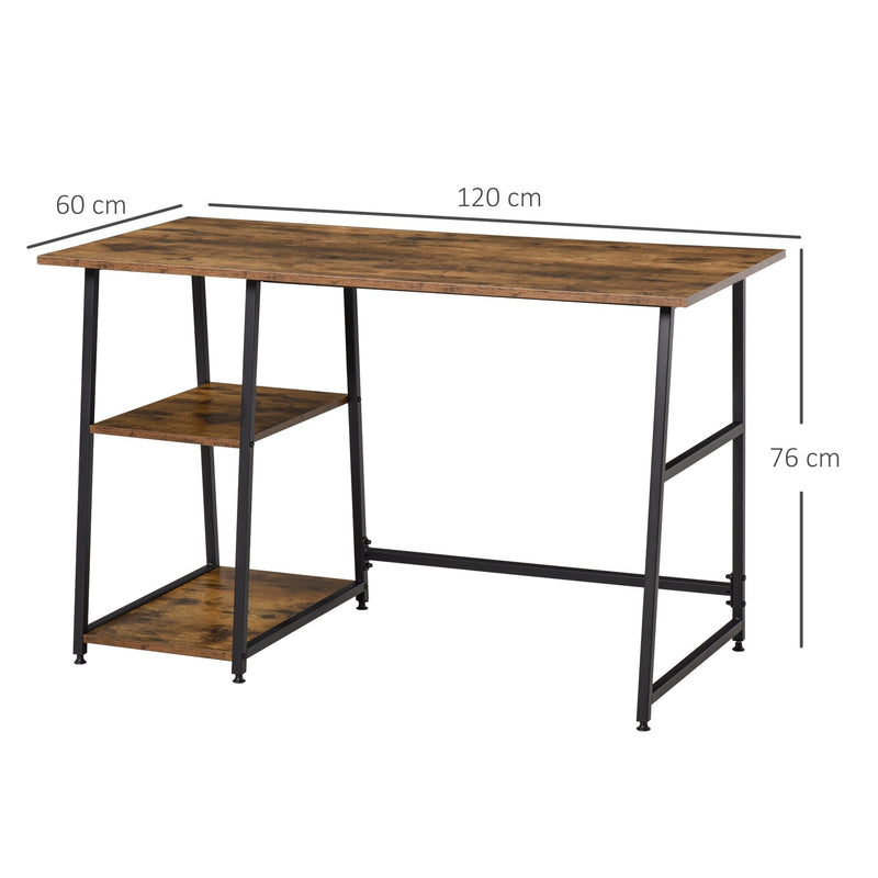 Writing Desk Working Station Home Office Table with 2 Shelves  Computer Gaming Desk Steel Frame Black and Rustic Brown