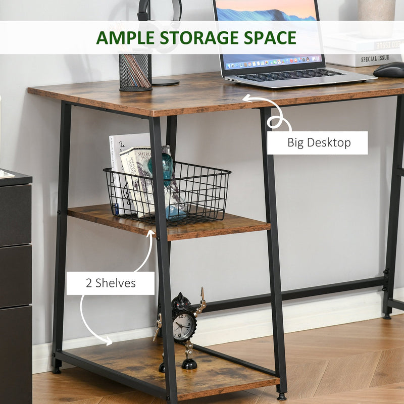 Writing Desk Working Station Home Office Table with 2 Shelves  Computer Gaming Desk Steel Frame Black and Rustic Brown