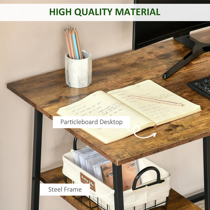 Writing Desk Working Station Home Office Table with 2 Shelves  Computer Gaming Desk Steel Frame Black and Rustic Brown
