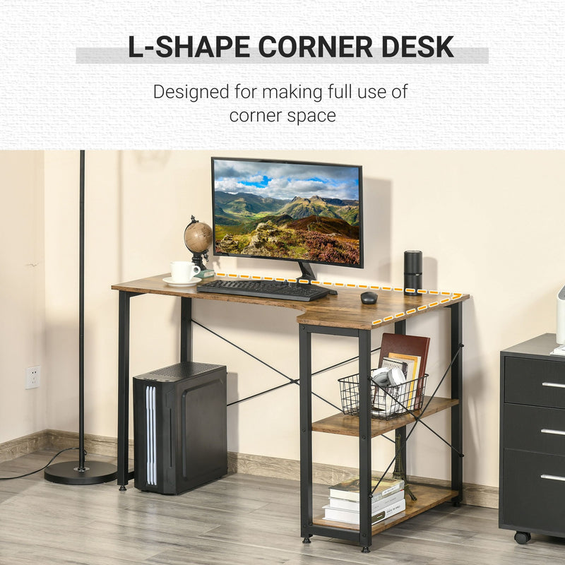 L-Shaped Computer Desk Home Office Corner Desk Study Workstation Table with 2 Shelves, Steel Frame, Rustic Brown w/ Shelves Frame