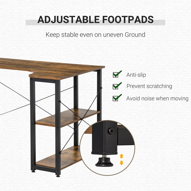 L-Shaped Computer Desk Home Office Corner Desk Study Workstation Table with 2 Shelves, Steel Frame, Rustic Brown w/ Shelves Frame