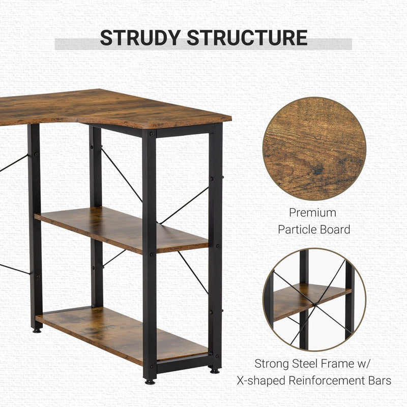 L-Shaped Computer Desk Home Office Corner Desk Study Workstation Table with 2 Shelves, Steel Frame, Rustic Brown w/ Shelves Frame