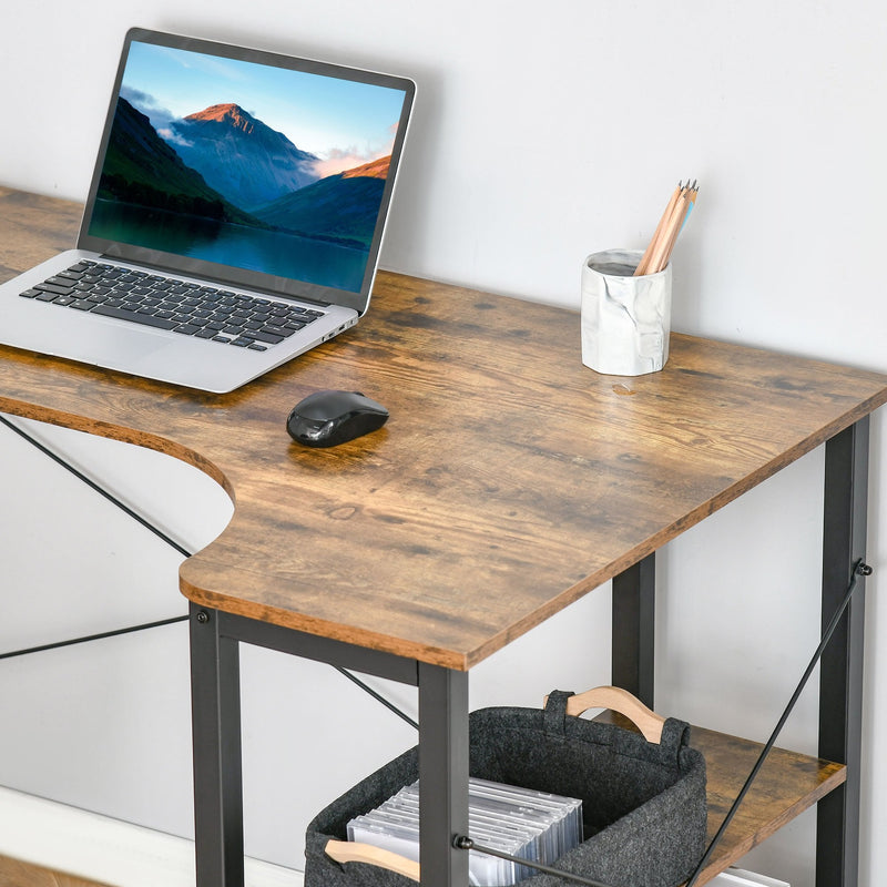 L-Shaped Computer Desk Home Office Corner Desk Study Workstation Table with 2 Shelves, Steel Frame, Rustic Brown w/ Shelves Frame