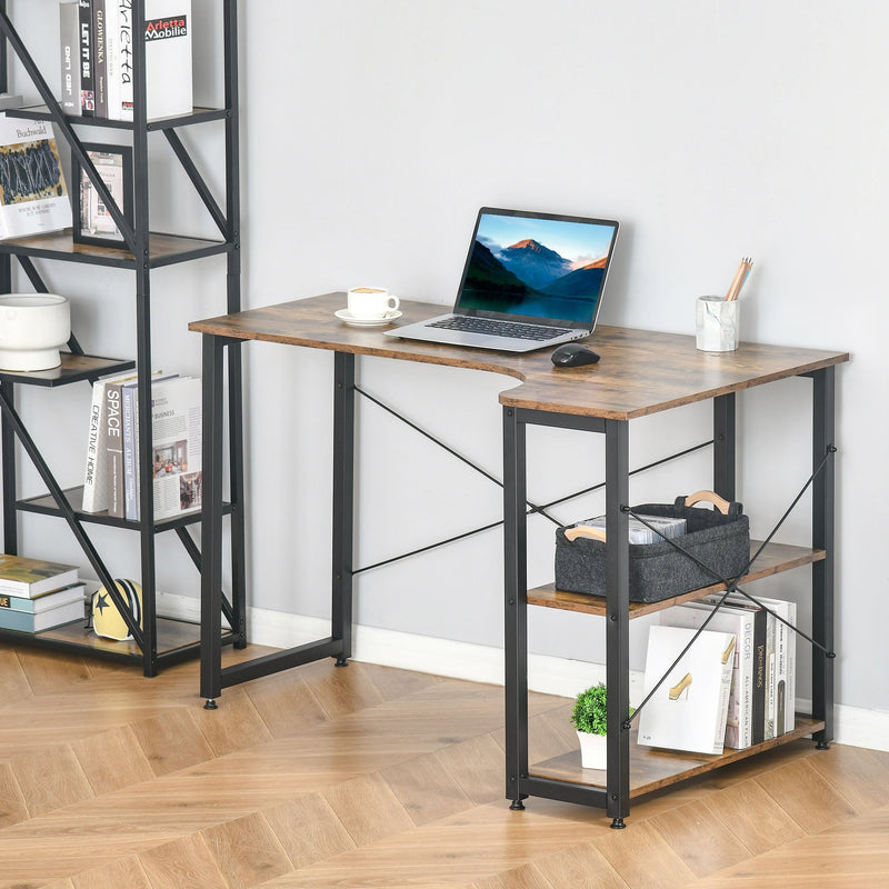 L-Shaped Computer Desk Home Office Corner Desk Study Workstation Table with 2 Shelves, Steel Frame, Rustic Brown w/ Shelves Frame