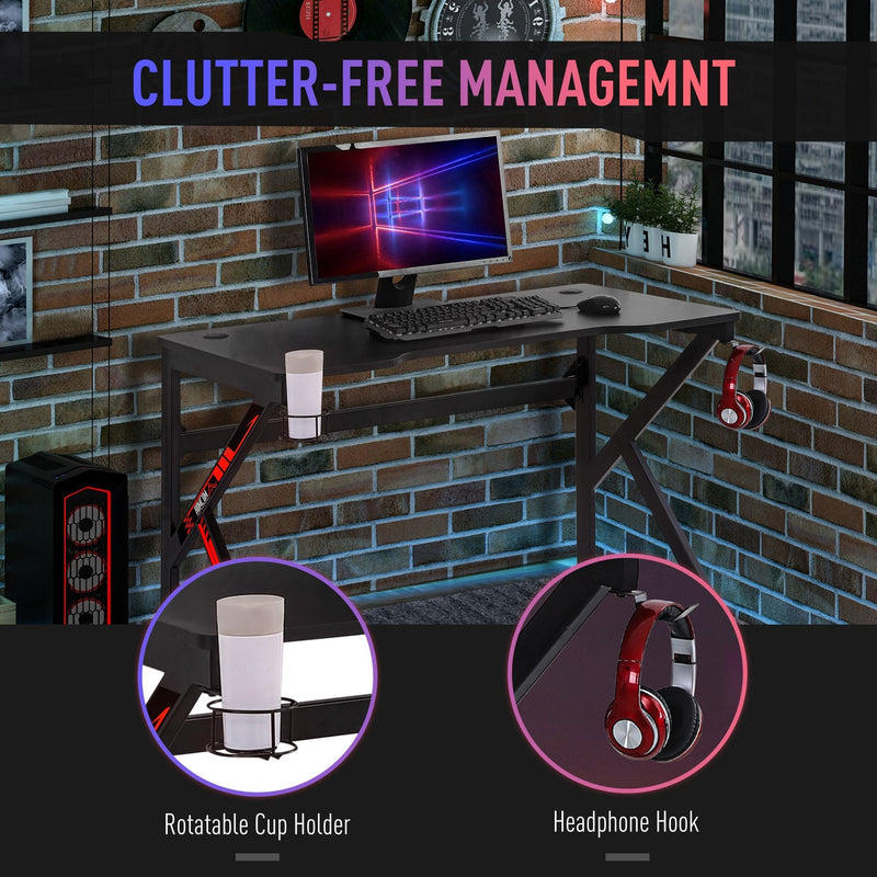 Gaming Desk Computer Table Racing Style for E-sport Room Office PC Workstation with Rotatable Cup Holder Foot Peg Headphone Hook Wire Port 120 x 60 x 73cm Black w/ Adjustable