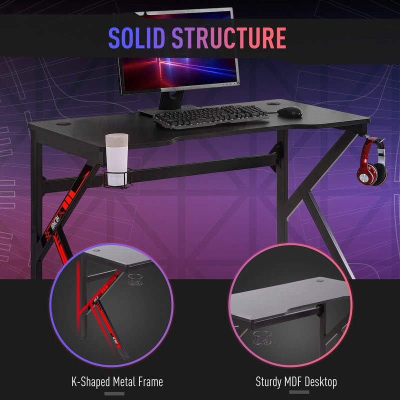 Gaming Desk Computer Table Racing Style for E-sport Room Office PC Workstation with Rotatable Cup Holder Foot Peg Headphone Hook Wire Port 120 x 60 x 73cm Black w/ Adjustable
