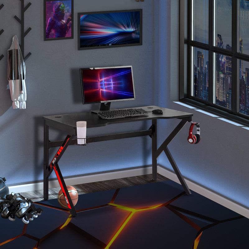Gaming Desk Computer Table Racing Style for E-sport Room Office PC Workstation with Rotatable Cup Holder Foot Peg Headphone Hook Wire Port 120 x 60 x 73cm Black w/ Adjustable