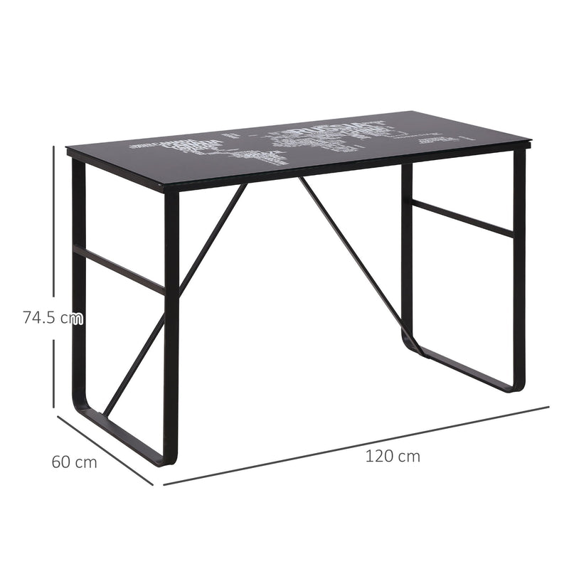 Glass Top Writing Desk Working Station Home Office Table Gaming Desk Metal Frame Easy Assembly, Black Table