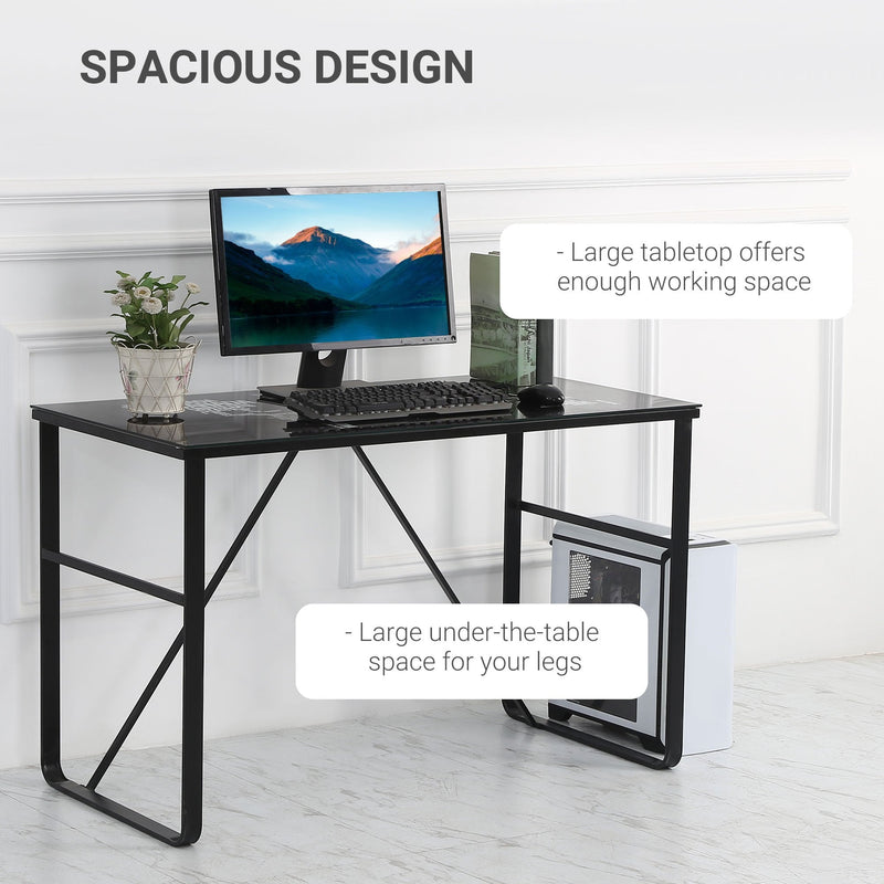 Glass Top Writing Desk Working Station Home Office Table Gaming Desk Metal Frame Easy Assembly, Black Table