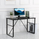 Glass Top Writing Desk Working Station Home Office Table Gaming Desk Metal Frame Easy Assembly, Black Table