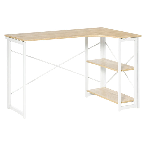 L-Shaped Computer Desk, Folding Home Office Corner Desk Study Workstation Table with 2 Shelves, Oak Tone L-Shape w/ Shelves for