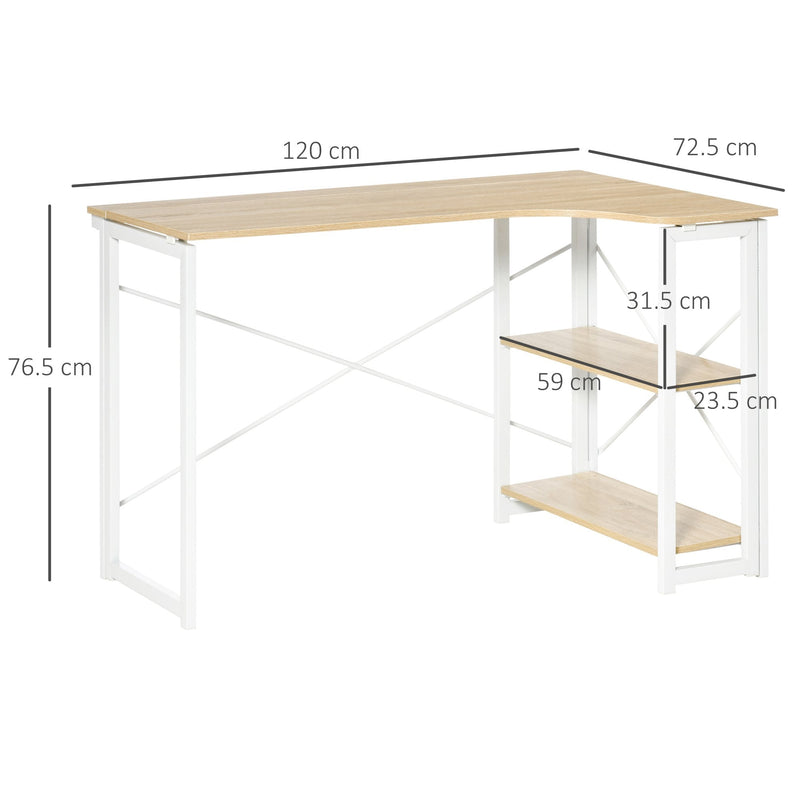 L-Shaped Computer Desk, Folding Home Office Corner Desk Study Workstation Table with 2 Shelves, Oak Tone L-Shape w/ Shelves for