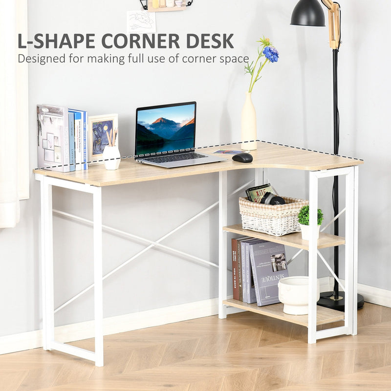 L-Shaped Computer Desk, Folding Home Office Corner Desk Study Workstation Table with 2 Shelves, Oak Tone L-Shape w/ Shelves for