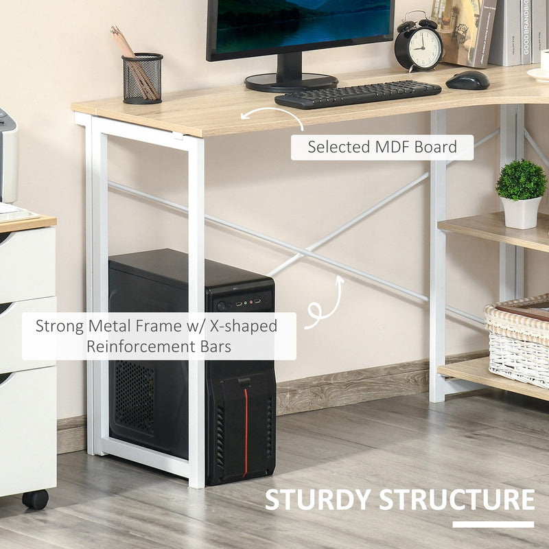 L-Shaped Computer Desk, Folding Home Office Corner Desk Study Workstation Table with 2 Shelves, Oak Tone L-Shape w/ Shelves for