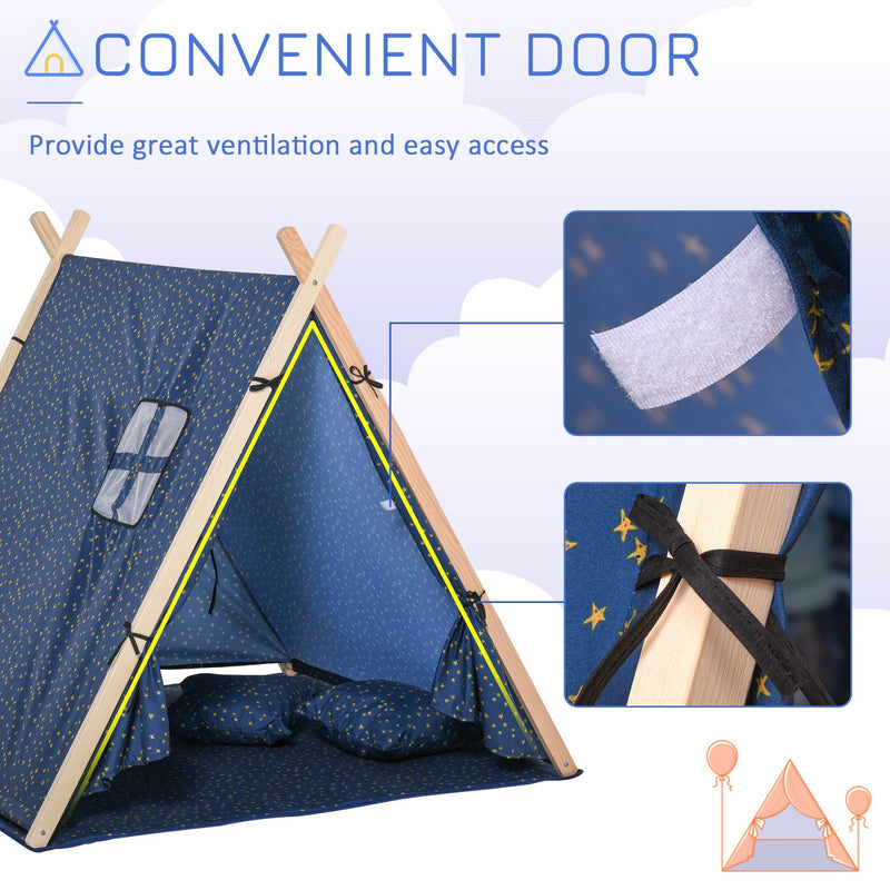 Kids Teepee Play Tent Portable Foldable Children Playhouse Toy for Boys and Girls with Mat Pillow Carry Case Indoor Outdoor Games Blue Boy w/ Bag