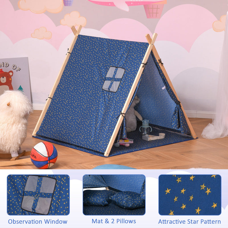 Kids Teepee Play Tent Portable Foldable Children Playhouse Toy for Boys and Girls with Mat Pillow Carry Case Indoor Outdoor Games Blue Boy w/ Bag