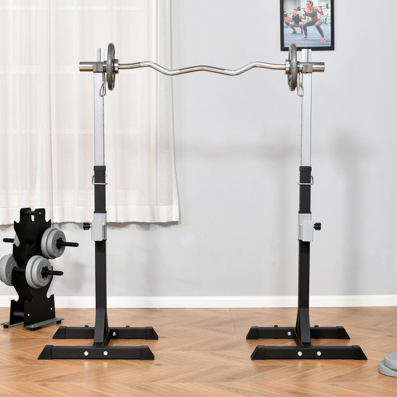 2 Pairs Adjustable Barbell Squat Rack Portable Stand Weight Lifting Bench Press Home Gym w/ Wheels, Black of Wheels