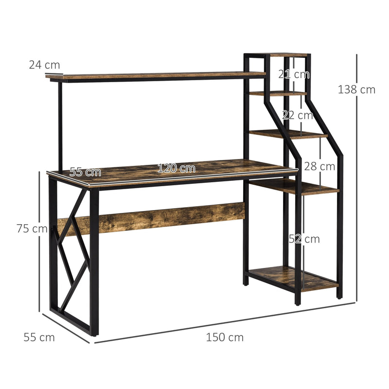 Computer Desk with Shelves Home Office Study Table with 6 Tier Storage Industrial Workstation for Small Rustic Spaces