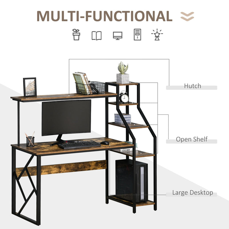 Computer Desk with Shelves Home Office Study Table with 6 Tier Storage Industrial Workstation for Small Rustic Spaces