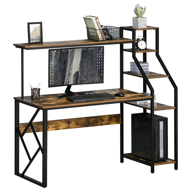 Computer Desk with Shelves Home Office Study Table with 6 Tier Storage Industrial Workstation for Small Rustic Spaces