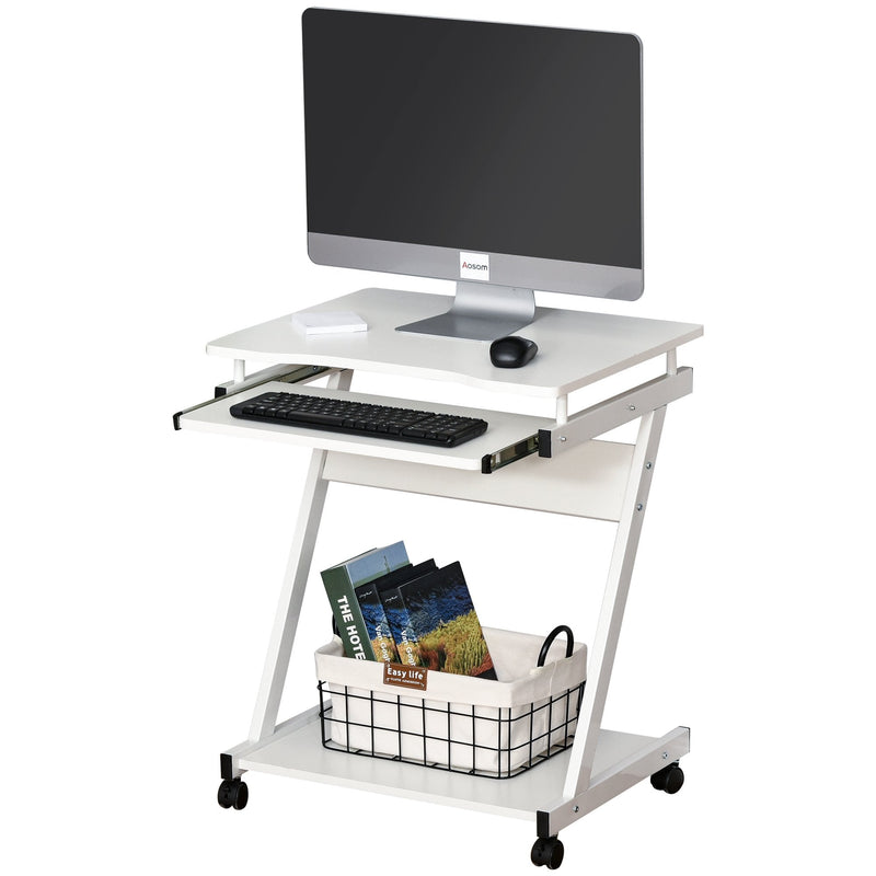 Movable Computer Desk with 4 Moving Wheels Sliding Keyboard Tray Home Office Workstation White