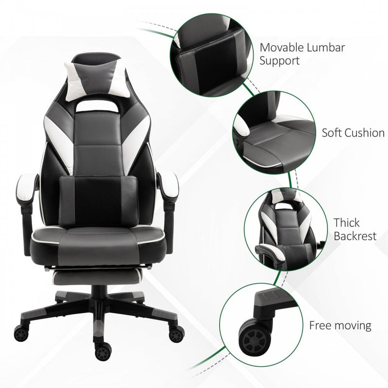 Vinsetto Cool & Stylish Gaming Chair Ergonomic w/ Thick Padding Footrest Neck & Back Pillow 5 Wheels Racing Swivel Height Adjustable Home Office Grey