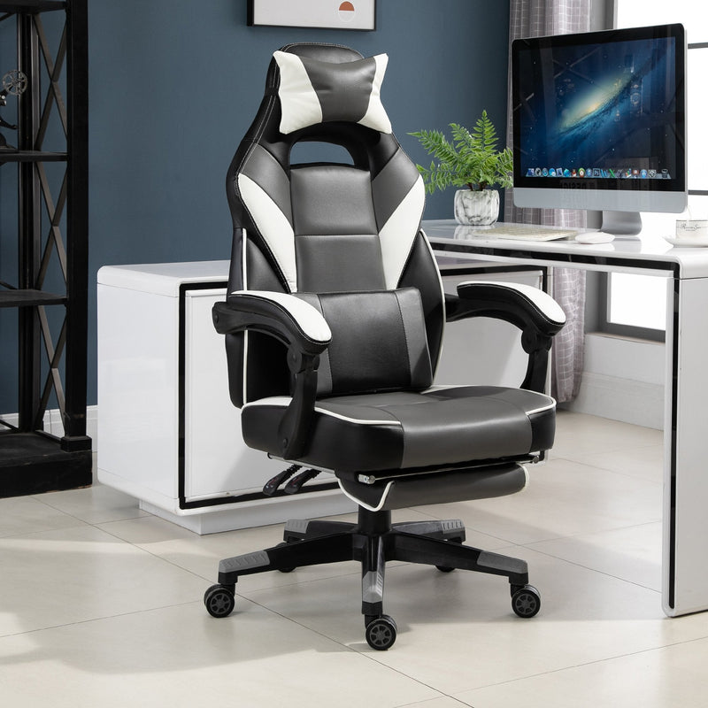 Vinsetto Cool & Stylish Gaming Chair Ergonomic w/ Thick Padding Footrest Neck & Back Pillow 5 Wheels Racing Swivel Height Adjustable Home Office Grey
