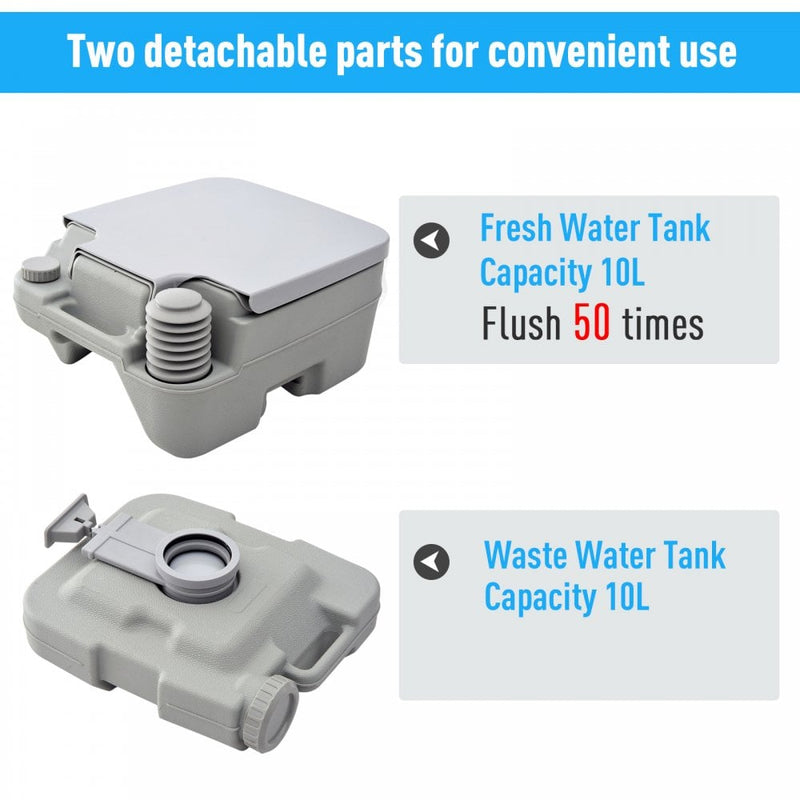 10L Portable Travel Toilet Outdoor Camping Picnic with 2 Detachable Tanks & Push-button Operation, Grey