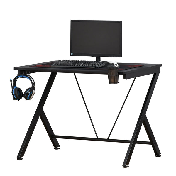 HOMCOM Gaming Desk Computer Table Metal Frame with Cup Holder, Headphone Hook, Cable Hole, Black