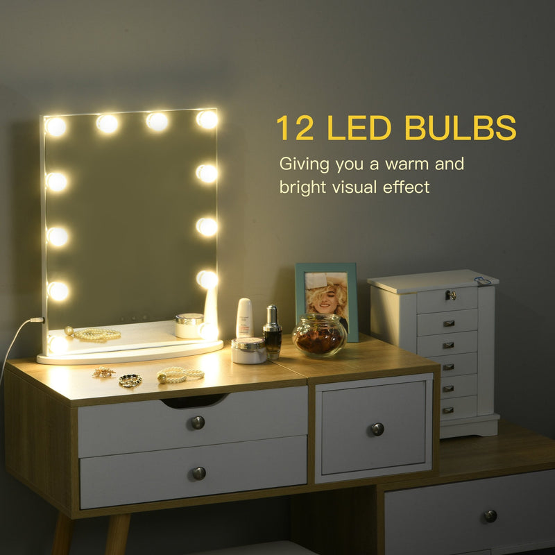 Hollywood Mirror with Lights for Makeup Dressing Table, Lighted Vanity Mirror with 12 Dimmable LED Bulbs and USB Plug in Power Supply, White Led Light Dimmer Cosmetic Beauty Stage
