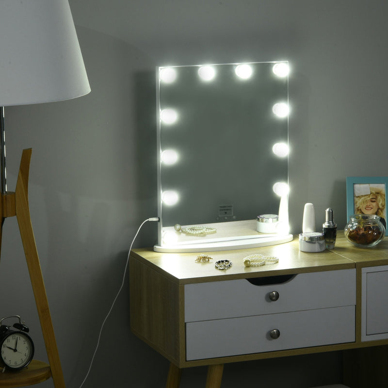 Hollywood Mirror with Lights for Makeup Dressing Table, Lighted Vanity Mirror with 12 Dimmable LED Bulbs and USB Plug in Power Supply, White Led Light Dimmer Cosmetic Beauty Stage