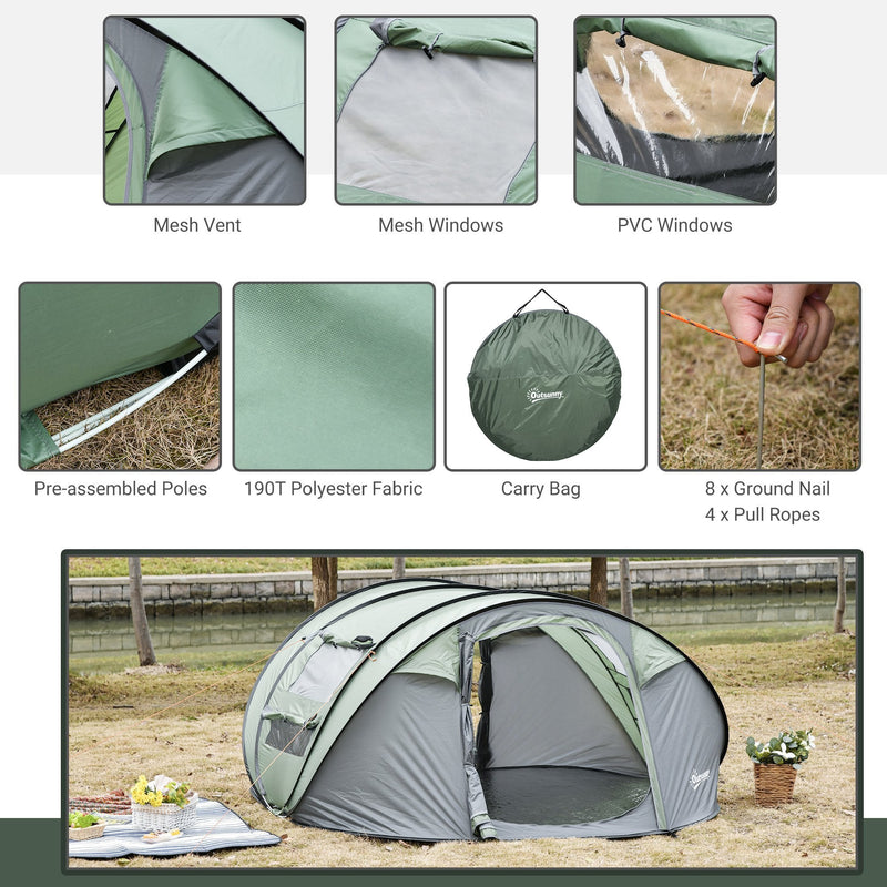 Outsunny 4-5 Person Family Pop-up Waterproof Camping Tent w/ 2 Mesh Windows & PVC Windows Portable Carry Bag