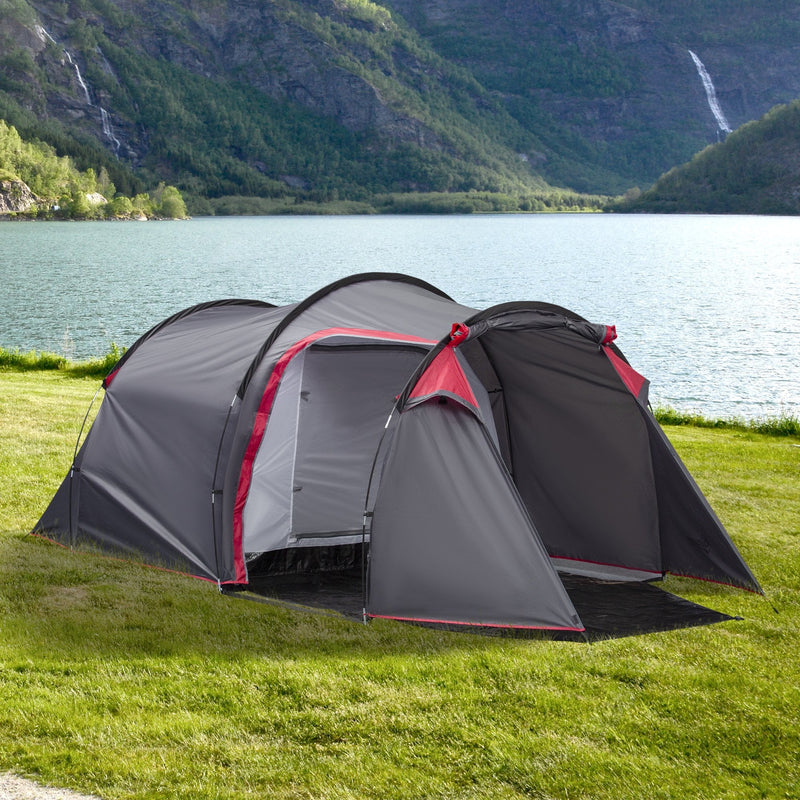 Outsunny Camping Dome Tent 2 Room's for 3-4 Person with Weatherproof Screen - Dark Grey