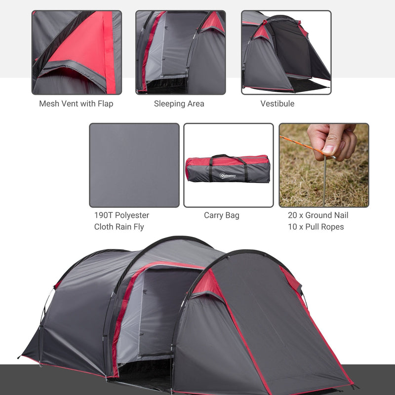 Outsunny Camping Dome Tent 2 Room's for 3-4 Person with Weatherproof Screen - Dark Grey