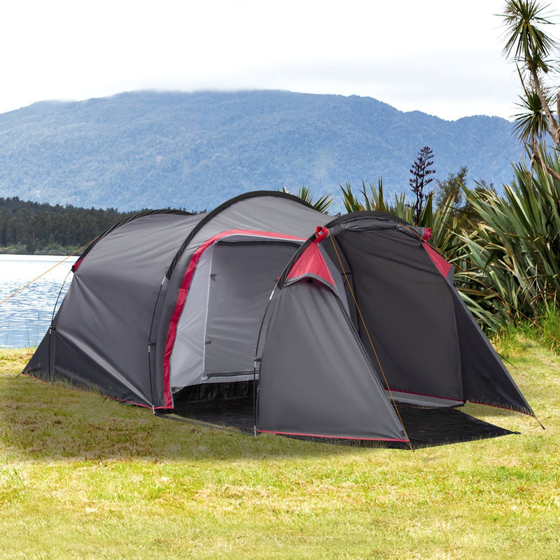 Outsunny Camping Dome Tent 2 Room's for 3-4 Person with Weatherproof Screen - Dark Grey