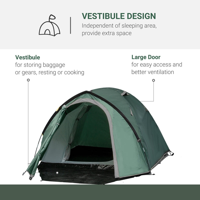 Outsunny Camping Dome Tent 2 Room for 3-4 Person with Weatherproof Vestibule Backpacking Tent Large Windows Lightweight for Fishing & Hiking Green Compact w/ Mesh Vents