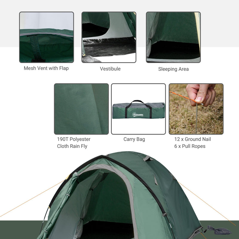 Outsunny Camping Dome Tent 2 Room for 3-4 Person with Weatherproof Vestibule Backpacking Tent Large Windows Lightweight for Fishing & Hiking Green Compact w/ Mesh Vents