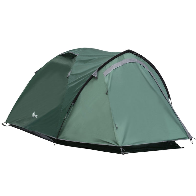 Outsunny Camping Dome Tent 2 Room for 3-4 Person with Weatherproof Vestibule Backpacking Tent Large Windows Lightweight for Fishing & Hiking Green Compact w/ Mesh Vents