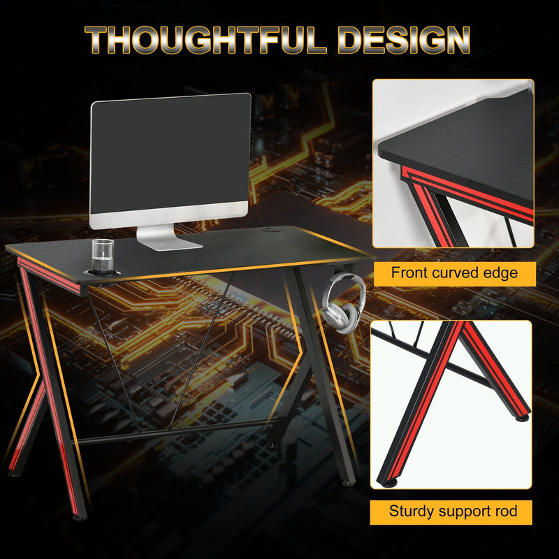 Gaming Computer Desk Workstation with Headphone Hook, Large Desktop for Computer Hardware & Stable Design  w/