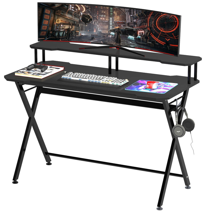 Gaming Computer Desk Writing Racing Table Workstation with Headphone Hook Curved Front Adjustable Feet for Home Office Use w/