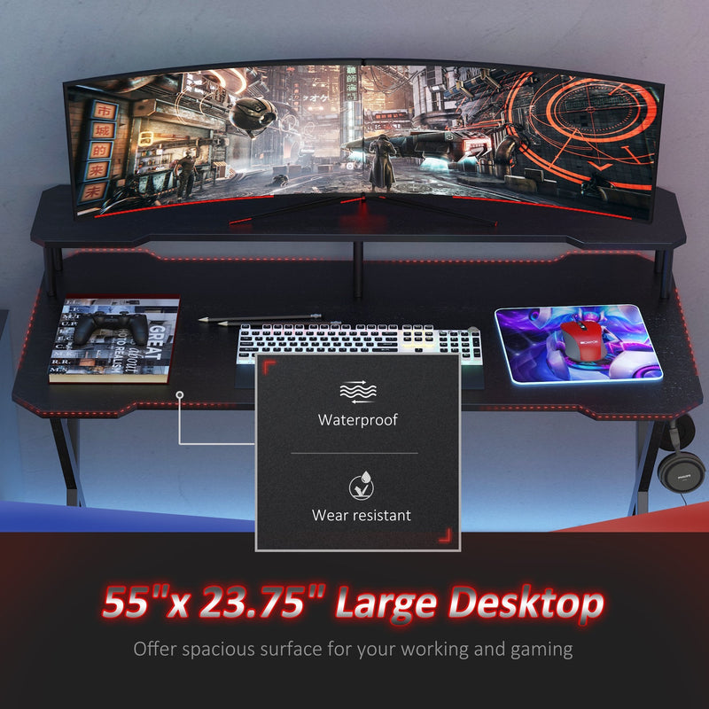 Gaming Computer Desk Writing Racing Table Workstation with Headphone Hook Curved Front Adjustable Feet for Home Office Use w/