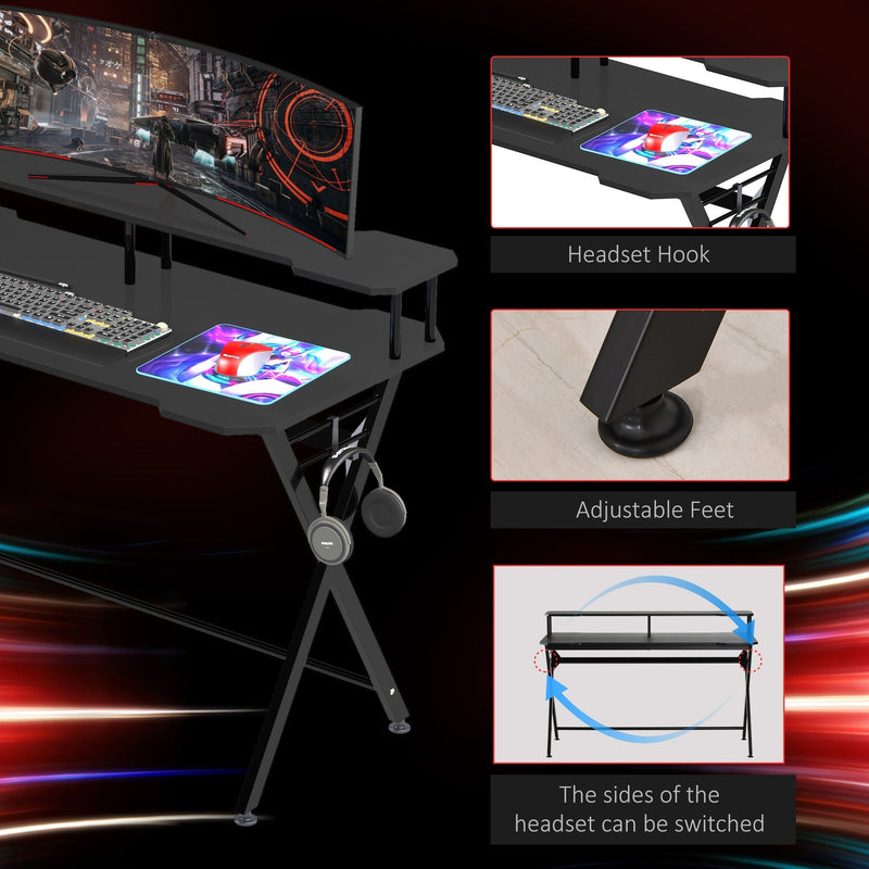 Gaming Computer Desk Writing Racing Table Workstation with Headphone Hook Curved Front Adjustable Feet for Home Office Use w/